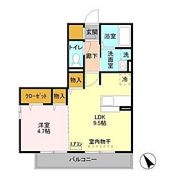 シンシア千波　Ａ 2階1LDKの間取り