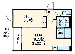 GRADUS鶴ヶ島III 2階1LDKの間取り