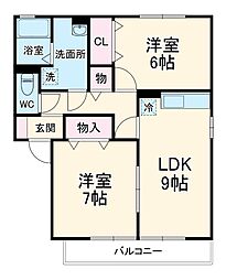ネオクレストII 2階2LDKの間取り