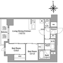 コンフォリア・リヴ北浜高麗橋 7階2LDKの間取り