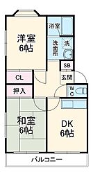 スカイＦＢＫ 4階2DKの間取り