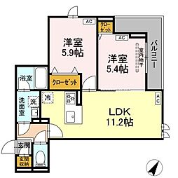 セレスティア細田Ｃ 3階2LDKの間取り