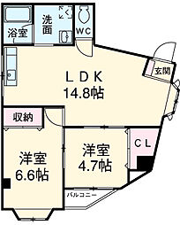 まつ葉ビル 4階2LDKの間取り