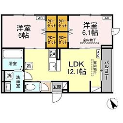 ドムスクレスト森野 2階2LDKの間取り