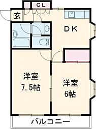 国立西ロイヤルハイツ 2階2DKの間取り