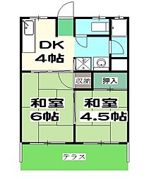 長曽ハイツI 2階2DKの間取り