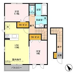 西武池袋線 入間市駅 徒歩22分の賃貸アパート 2階2LDKの間取り