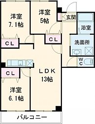 京王線 柴崎駅 徒歩12分の賃貸マンション 3階3LDKの間取り