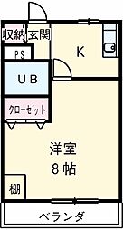ヴィラ若葉 1階1Kの間取り