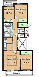 小田急小田原線 経堂駅 徒歩13分の賃貸マンション 3階3LDKの間取り