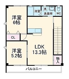 豊橋鉄道東田本線 東八町駅 徒歩6分の賃貸アパート 2階2LDKの間取り