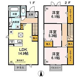 豊橋鉄道東田本線 赤岩口駅 徒歩16分の賃貸テラスハウス 1階3LDKの間取り