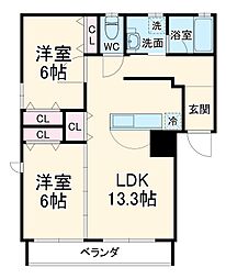 郷東マンション 2階2LDKの間取り