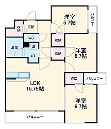 名古屋市営東山線 本山駅 徒歩10分の賃貸マンション 2階3LDKの間取り