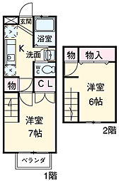 グランドールアベニュー 2階1Kの間取り