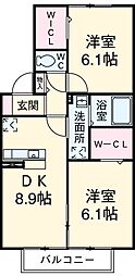 名古屋市営鶴舞線 上小田井駅 3.2kmの賃貸アパート 2階2DKの間取り
