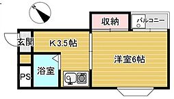 サンパレス堀之内 3階1Kの間取り
