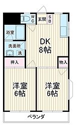 小田急小田原線 登戸駅 徒歩15分の賃貸マンション 2階2DKの間取り