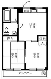 ＰＬＡＩＳＩＲ 3階2DKの間取り