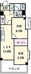 JR東海道本線 三河安城駅 徒歩18分の賃貸マンション 2階2LDKの間取り