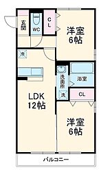 サンライズ 3階2LDKの間取り