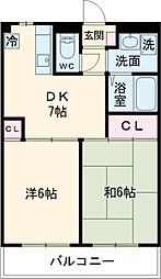 エクセルフラットIII 3階2DKの間取り