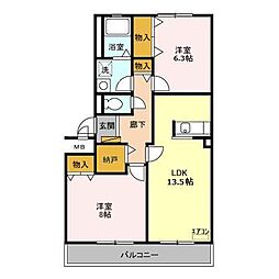 グレースフル東大島 3階2LDKの間取り