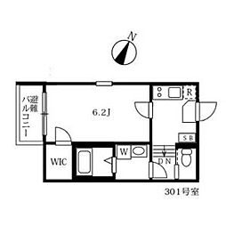 スカイキャッスルII 2階1Kの間取り