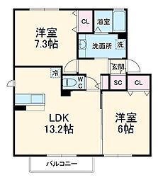 エクセレント　Ｅ 2階2LDKの間取り