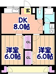 ヴィラージュ新鎌ヶ谷 3階2DKの間取り