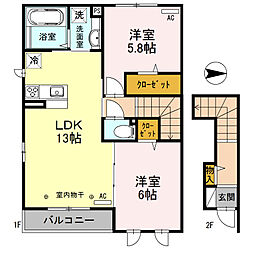JR川越線 川越駅 徒歩14分の賃貸アパート 2階2LDKの間取り