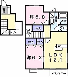 JR信越本線 群馬八幡駅 徒歩19分の賃貸アパート 2階2LDKの間取り