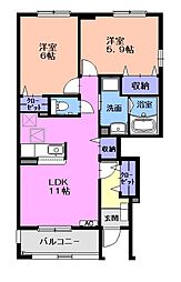 サニーサイドハイツB 2LDKの間取図画像