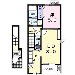 ピュアメゾン　フェリオ 2階1LDKの間取り