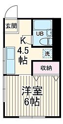 サンビレイ1 2階1Kの間取り
