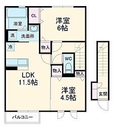 アスター　Ａ 2階2LDKの間取り