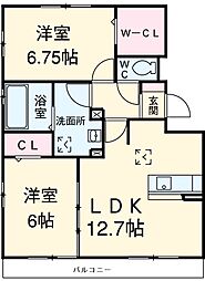 ル・クプル　C棟 2階2LDKの間取り