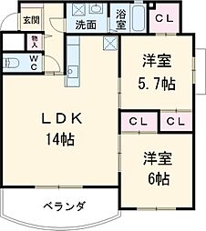 ラウレア 1階2LDKの間取り