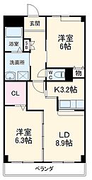 フォンティーヌII 2階2LDKの間取り