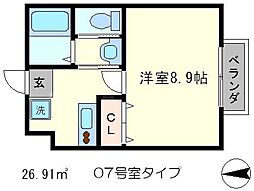 フラッティ一条御前 2階1Kの間取り
