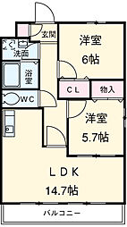 名古屋市営鶴舞線 植田駅 徒歩24分の賃貸マンション 3階2LDKの間取り