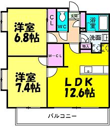 JR常磐線 松戸駅 徒歩6分の賃貸マンション 2階2LDKの間取り
