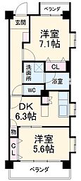 サンデンハイツ若葉通 4階2DKの間取り