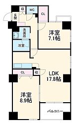プロシード新瑞橋 5階2LDKの間取り