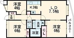 JR中央線 立川駅 徒歩18分の賃貸マンション 5階3LDKの間取り