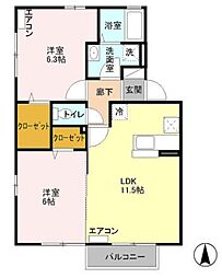 JR南武線 矢川駅 徒歩10分の賃貸アパート 1階2LDKの間取り