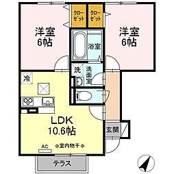 JR青梅線 拝島駅 徒歩15分の賃貸アパート 1階2LDKの間取り