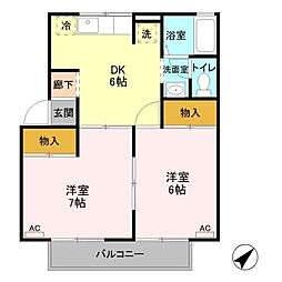 コーポ七曲り　Ｄ 2階2DKの間取り