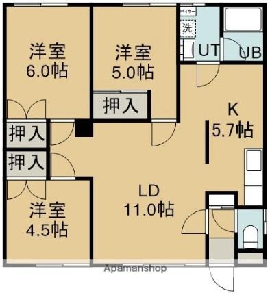 まつば荘 1階右｜北海道函館市本通３丁目(賃貸アパート3LDK・1階・66.94㎡)の写真 その2