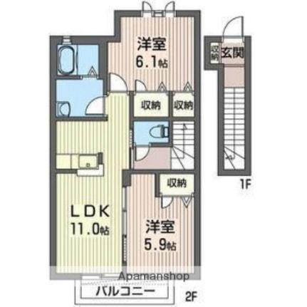 メゾン・ド・ソレイユＷ 205｜栃木県塩谷郡高根沢町大字宝積寺(賃貸アパート2LDK・2階・58.84㎡)の写真 その2